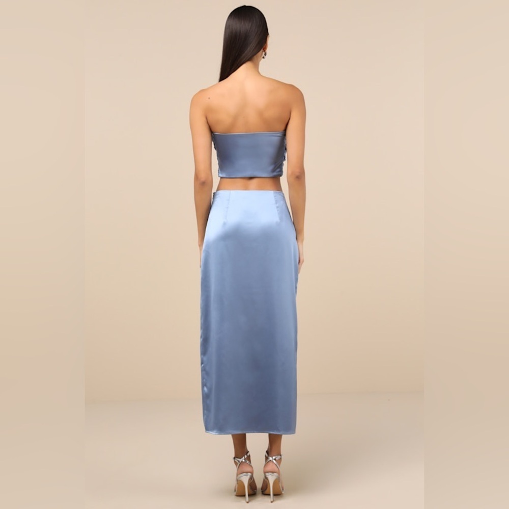 LULU’S DEMURE SWEETIE SATIN STRAPLESS TWO PIECE MIDI DRESS - Picture 3 of 13